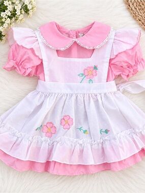 NEW Vintage Hug Me Pink Floral Embroidered Apron Dress 3T Toddler Girl Deadstock